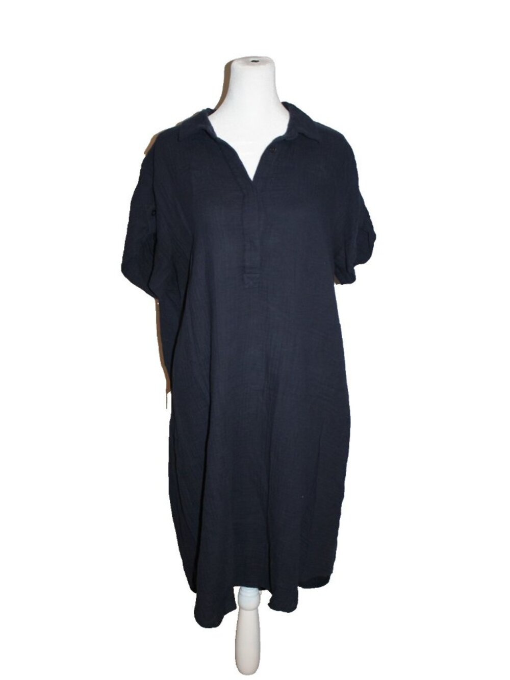 Chico’s Navy Gauzy Shirt Dress Size 3 XL 16 Short Sleeve V-Neck Midi Buttons